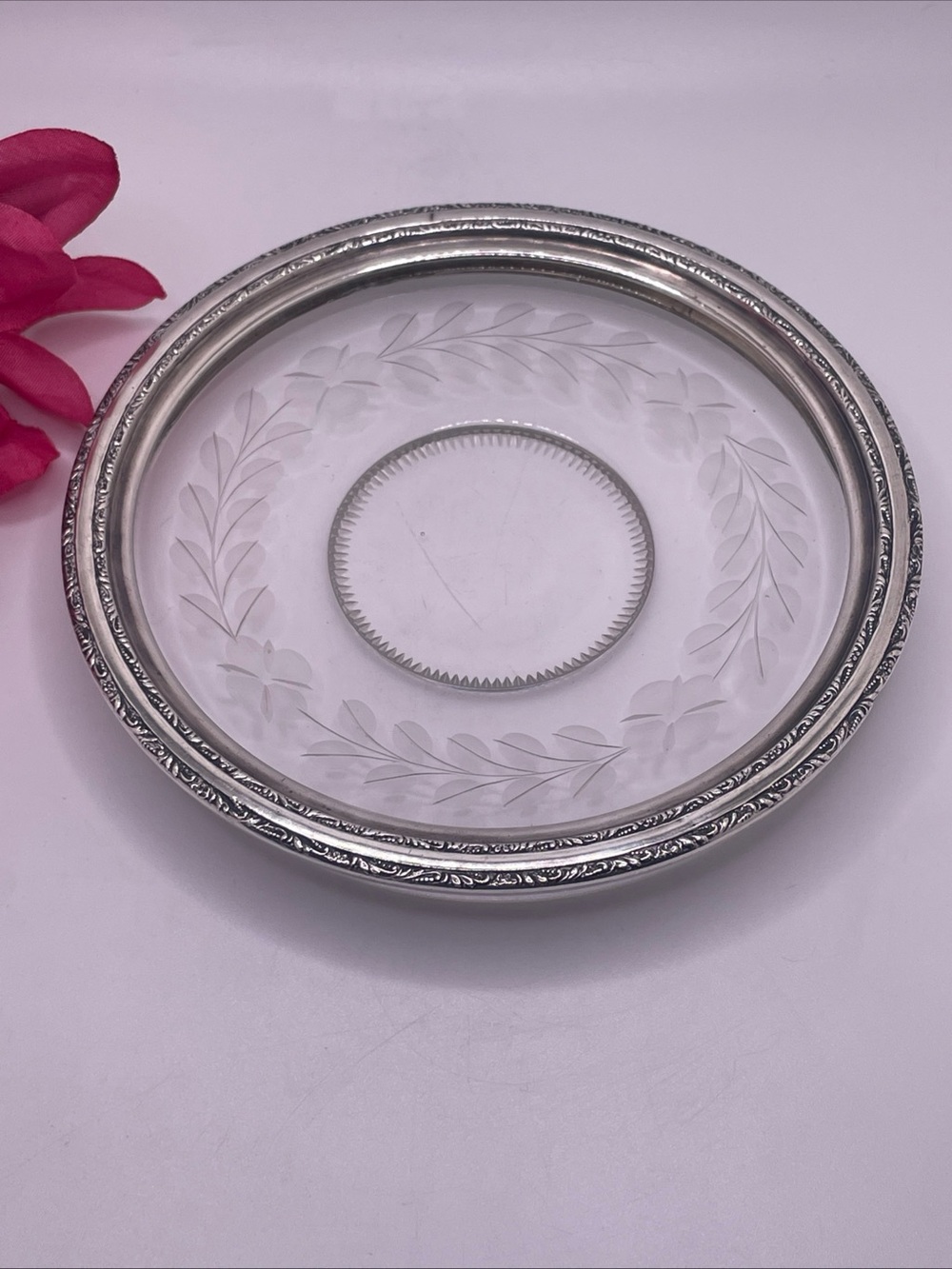 Vintage Webster Etched Crystal Champagne Dish w/ Decorative Sterling Silver Rim